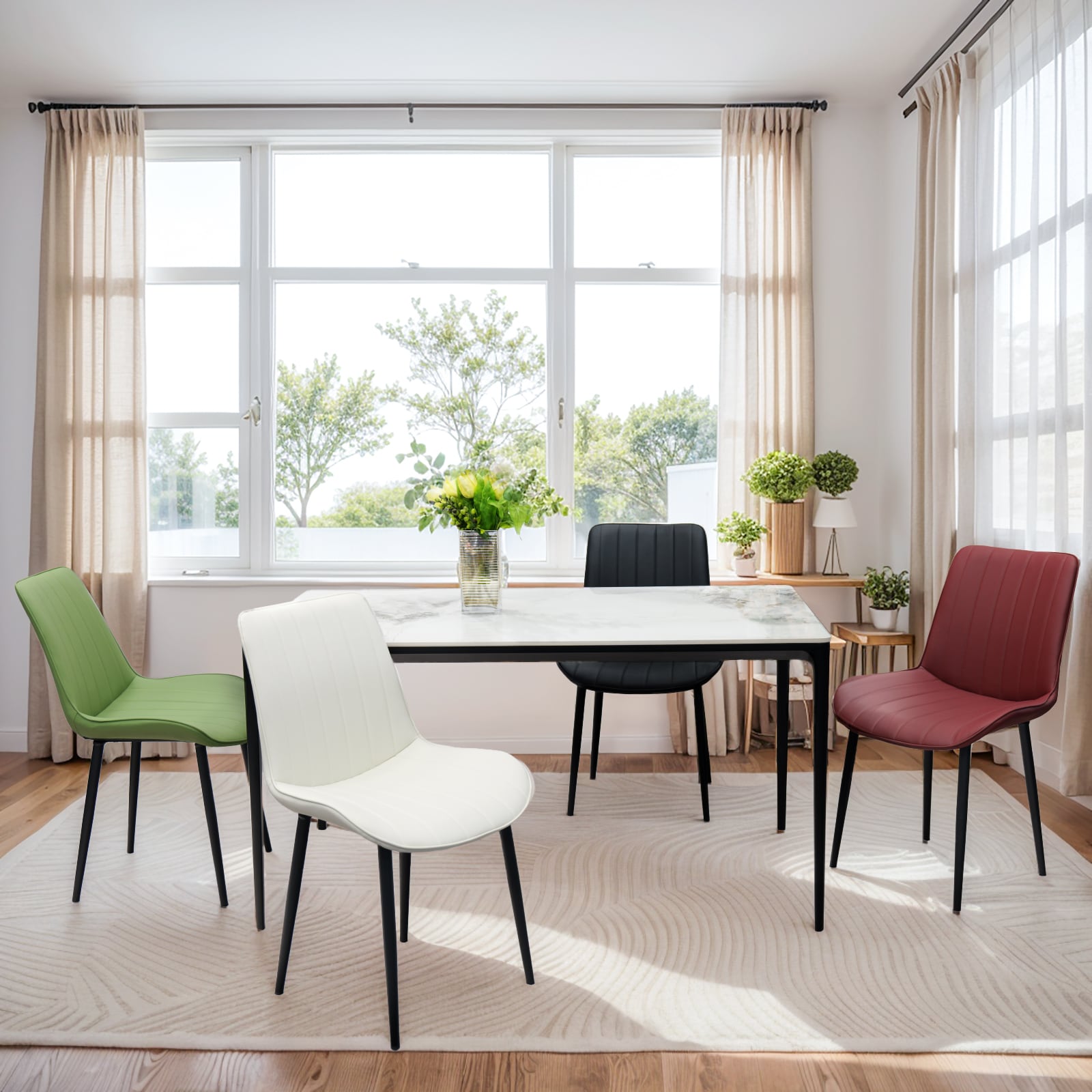White PU Leather Dining Chair With Metal Legs, Wave Pattern Upholstered Armless Chair Set Of 4 For Kitchen, Restaurant, Living, Meeting Room_voghion.com